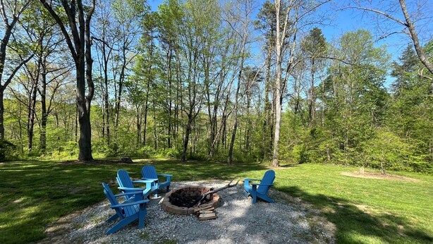A forested area with a fire pit and blue Adirondack chairs.