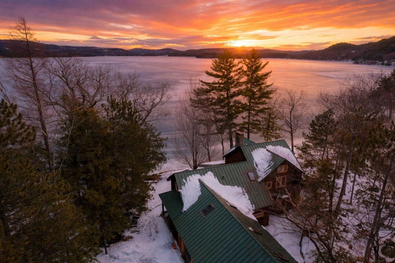A cabin with a green roof surrounded by snow-covered ground and trees, overlooking a frozen lake with a sunset in the background.