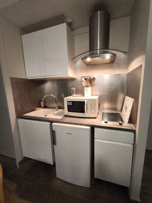 Kühlschrank, Mikrowelle, Herdplatte, Wasserkocher mit Kaffee-/Teezubehör