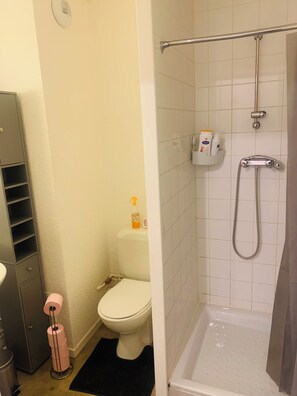 Hair dryer, towels, soap, toilet paper