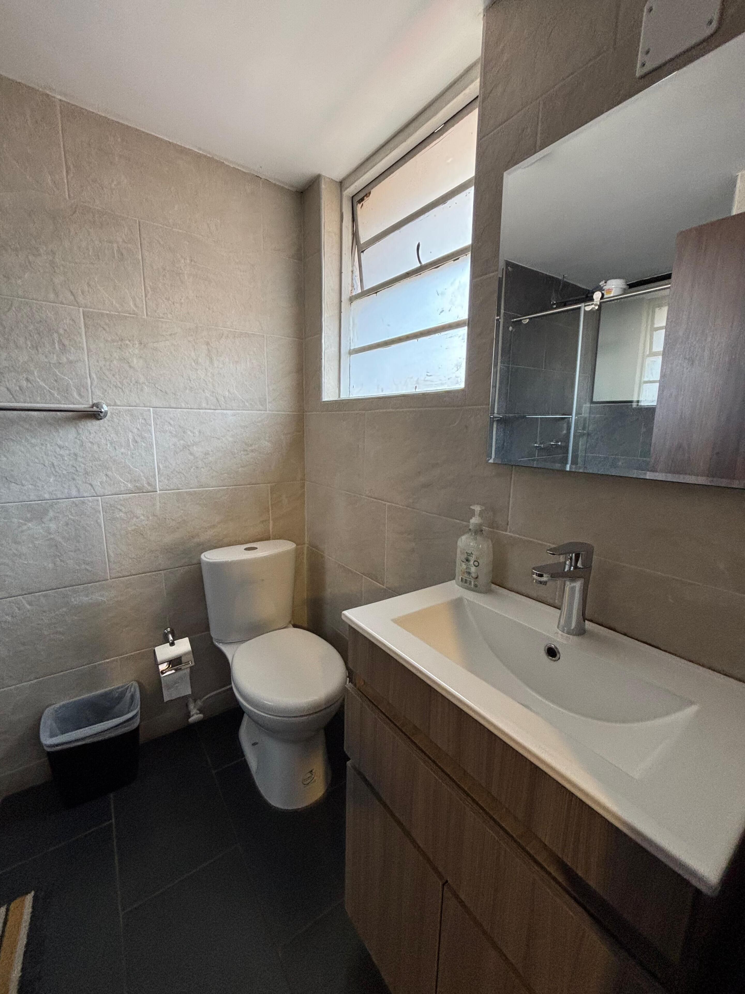 Een badkamer met toilet, wastafel en spiegel.