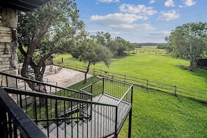 A view from a balcony overlooking a grassy field with a stone building and a wooden deck. - Charming Farmhouse W/hot-tub Near 290 Wine Trail (Fredericksburg)