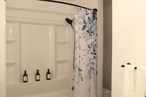 Hair dryer, towels, soap, shampoo