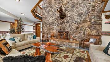 Smart TV, lareira, livros