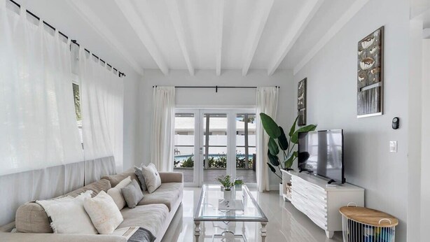 A modern living room with a sofa, coffee table, TV, and decorative plants. - Entire Villa (3 Units) on the Barrier Island (Fort Lauderdale)