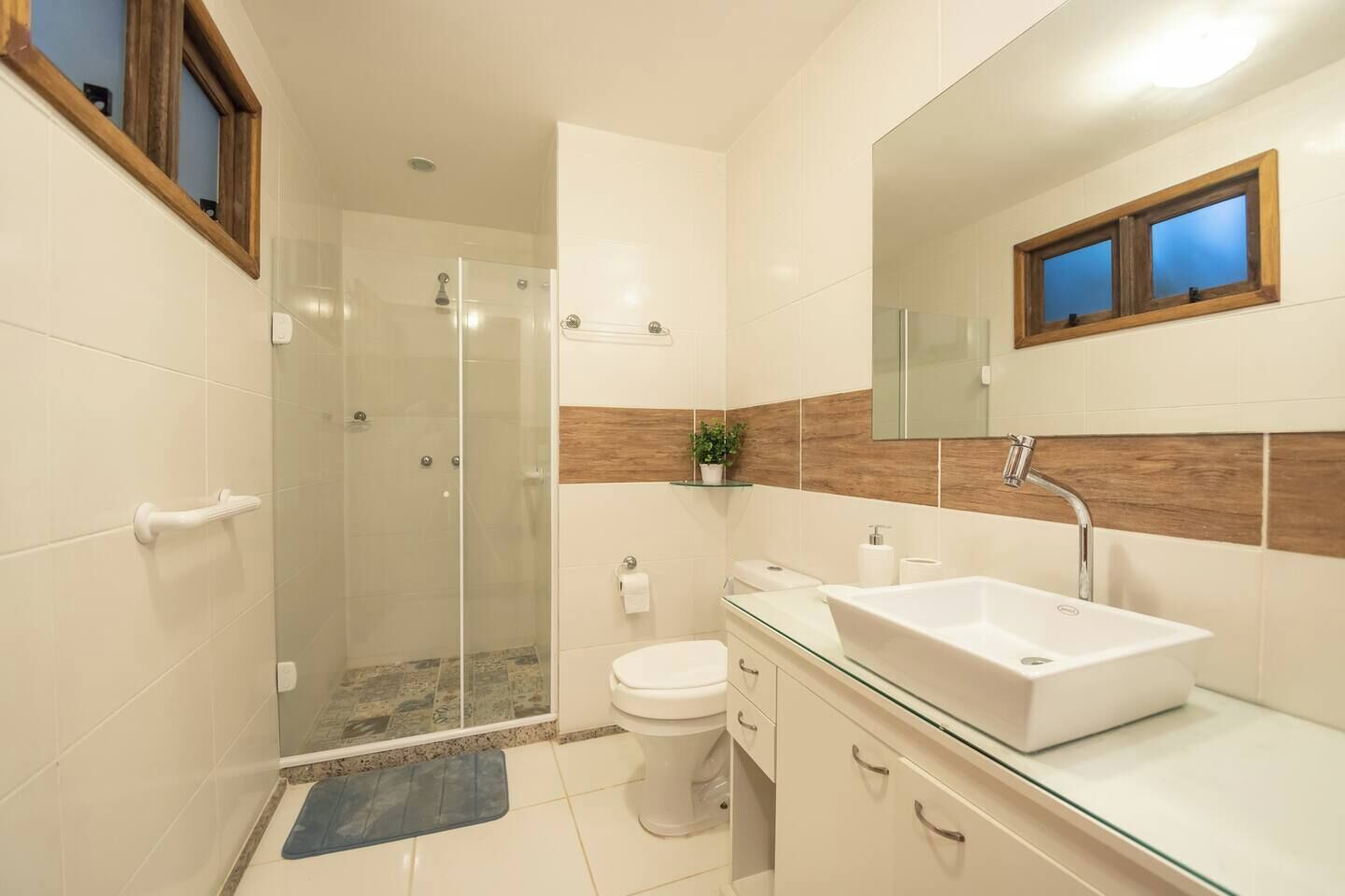 Shower, towels, soap, toilet paper