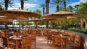 An outdoor patio area with wooden tables and chairs, surrounded by palm trees and umbrellas. - COACHELLA LODGING!
Shuttle to Coachella next door, easy there and back! (Rancho Mirage)