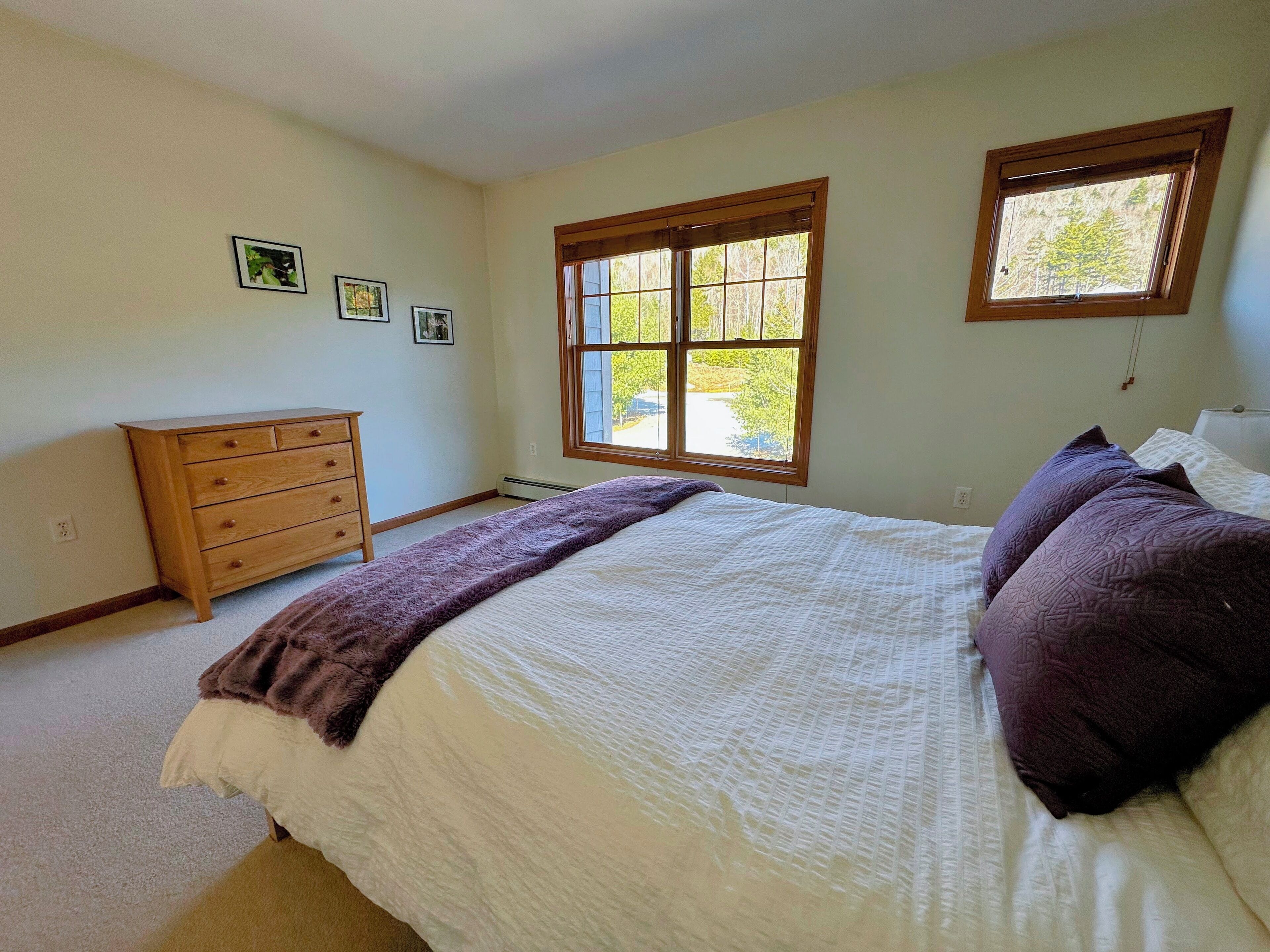 Un dormitorio con cama, cómoda y ventana.