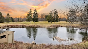 A serene landscape with a pond, trees, and a shed. - Newly Updated Lakeview Golf Retreat 1bdr Condo Resort 5057 (Williamsburg)