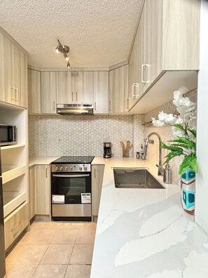 Fridge, microwave, oven, stovetop