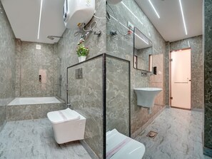 Shower, towels, soap, shampoo