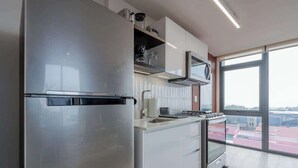 A modern kitchen with stainless steel appliances, a large window, and a view of the city. - Apartment Upper Level in Casco View (Panamá)