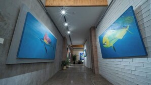 Un pasillo con dos grandes cuadros de peces en las paredes, suelo de hormigón e iluminación empotrada en el techo.