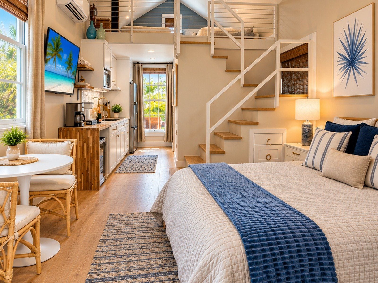 A modern bedroom with a large bed, a desk, and a staircase leading to an upper level.