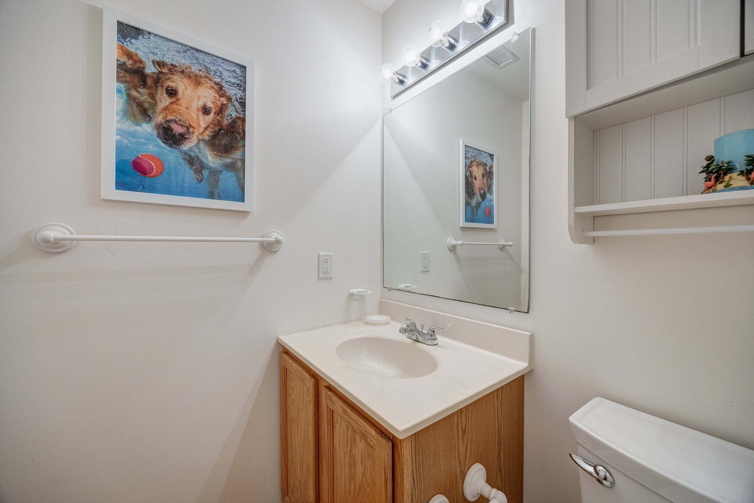 A bathroom with a sink, mirror, and a framed picture of a dog.