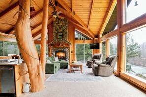 Smart TV, fireplace, books, stereo