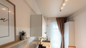 Ein modernes Hotelzimmer mit einem großen Spiegel, einem Waschbecken, einem kleinen Tisch mit einer Pflanze und einem Kleiderschrank.