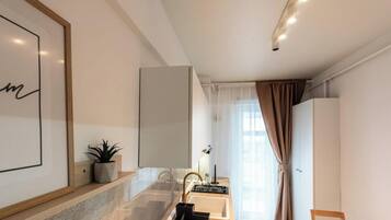 Fridge, microwave, stovetop, coffee/tea maker