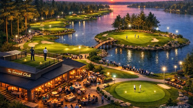 A golf course with a clubhouse and dining area, surrounded by water and trees.