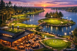 A golf course with a clubhouse and dining area, surrounded by water and trees. - Is today a Lake or Links kind of day? Now booking for Summer 2026! (Breezy Point)