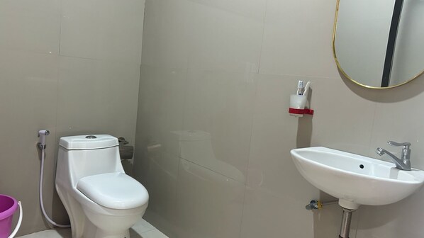 A bathroom with a toilet, sink, and a mirror.
