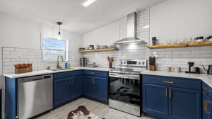 A modern kitchen with blue cabinets, stainless steel appliances, and a cowhide rug. - Starlight Horizon 4 Cabins (3 Bed Each) Pool, Firepits, Sleeps up to 32 (Canyon Lake)