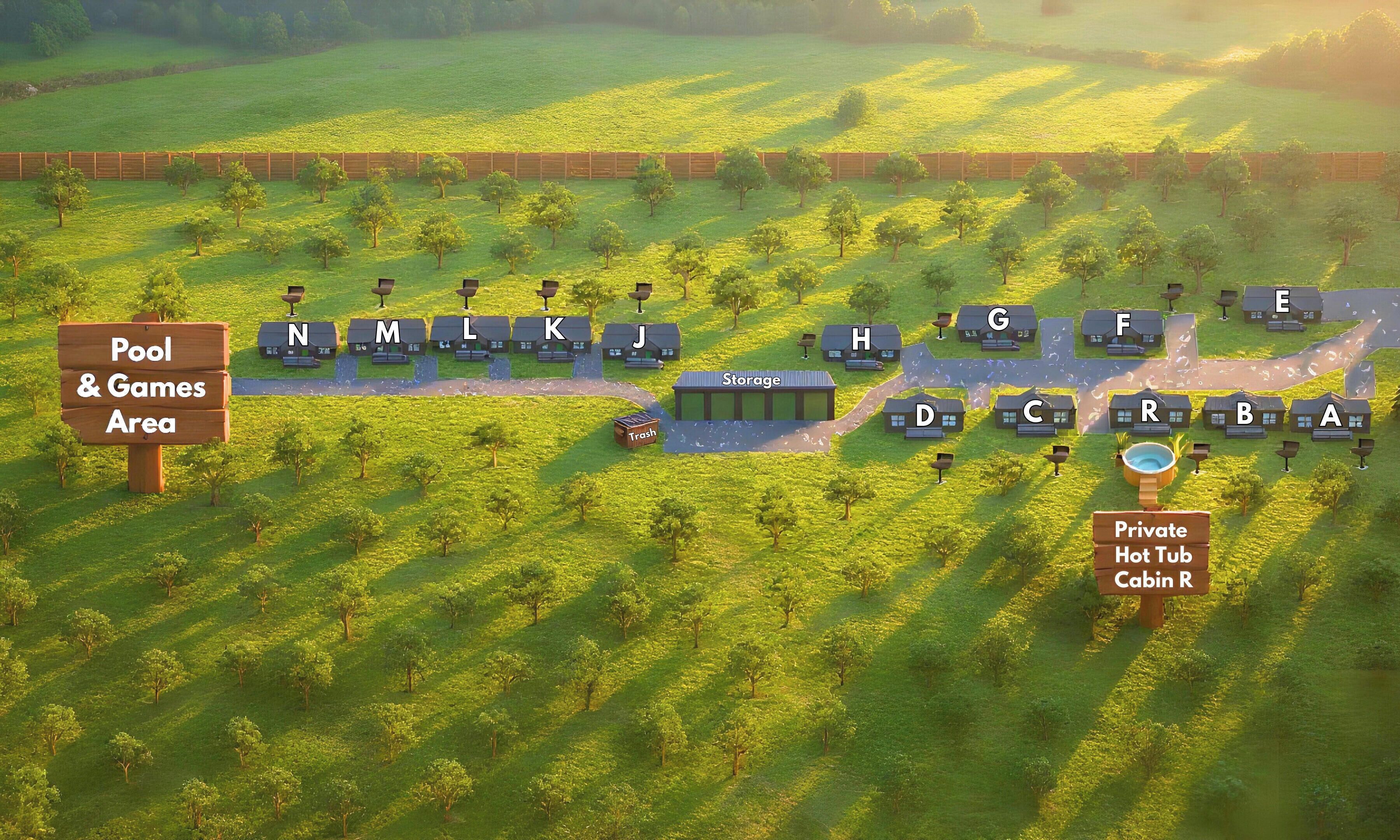 A layout of a resort with labeled areas including a pool and games area, storage, trash, and cabins.