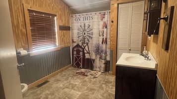 Hair dryer, towels, soap, toilet paper