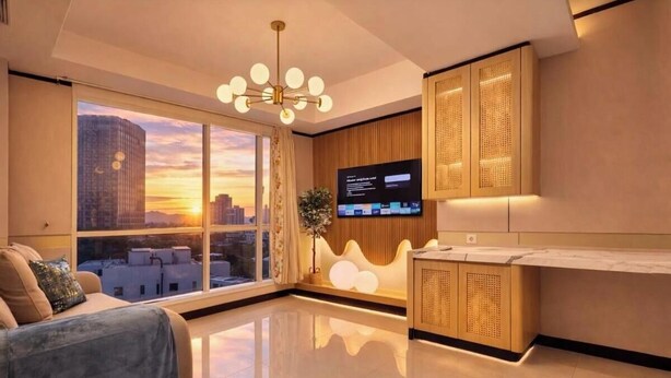 A modern living room with a large window, a sofa, a TV, and wooden cabinets. - Maisón By SanLiving - 3BR - Kasablanka (Jakarta)