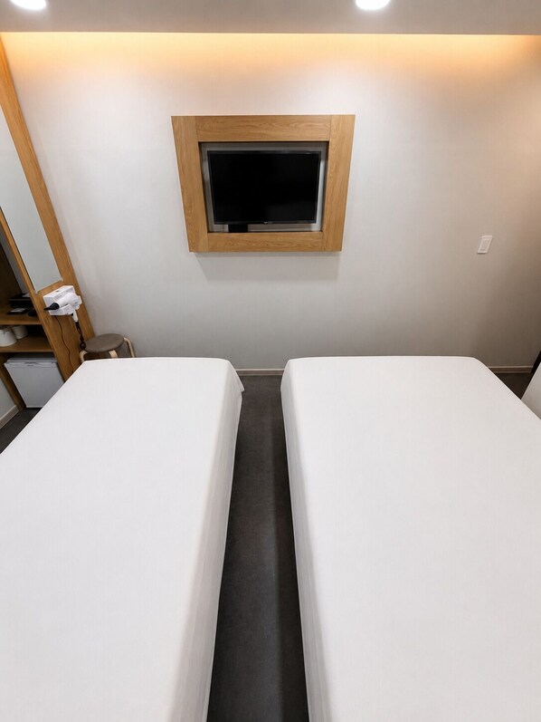 Une petite chambre propre, avec deux lits simples, un téléviseur dans un cadre en bois et une petite table avec un sèche-cheveux.