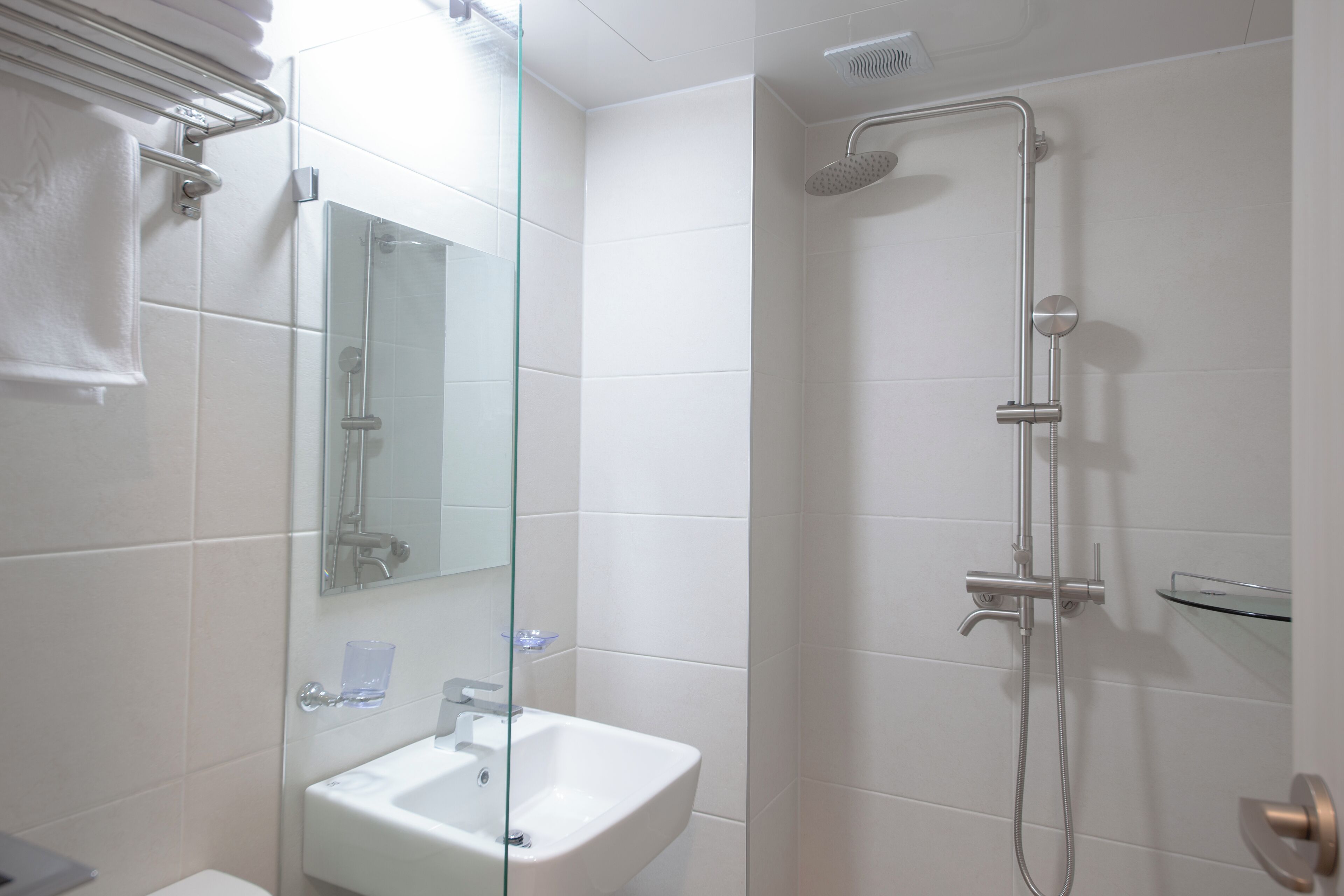 A modern bathroom with a glass shower enclosure, a white sink, and a towel rack.
