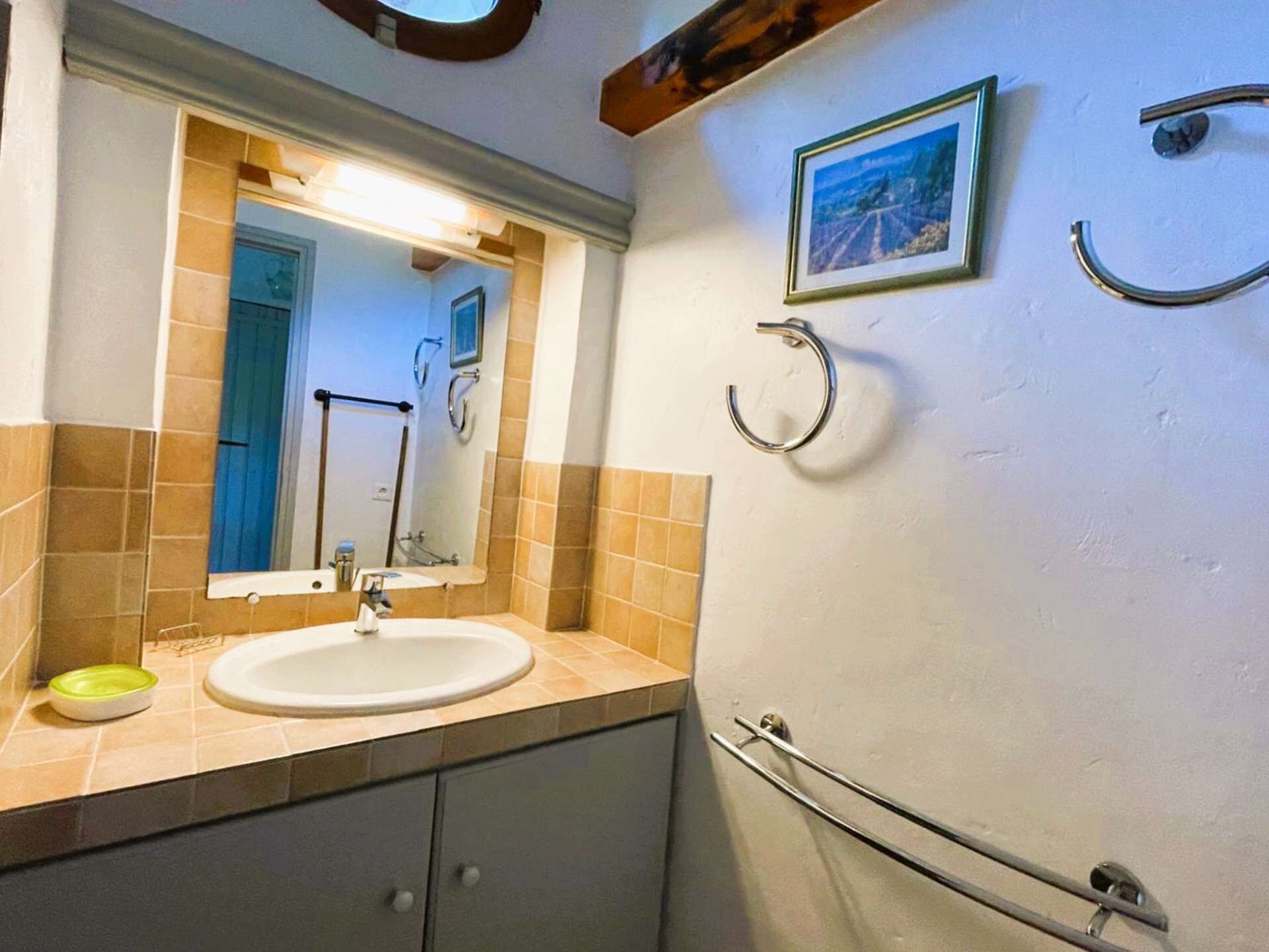 Une salle de bain avec un lavabo, un miroir et un porte-serviettes.