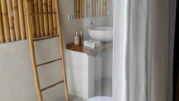 Standard Double Room, Balcony, Pool View | Bathroom | Hair dryer, towels, soap, shampoo