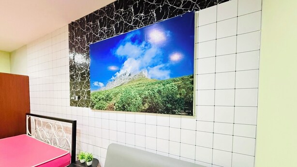Quarto com uma cama, um sofá, uma pequena mesa com uma planta e um quadro na parede com paisagem de montanhas.