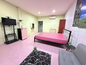 A compact room with a bed, a sofa, a TV, a small fridge, and a desk.