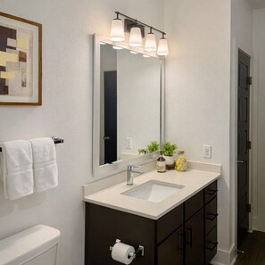 Hair dryer, towels, soap, toilet paper