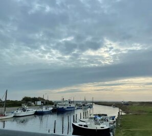 A marina with several boats docked, calm water, and a cloudy sky. - Lovely holiday home with garden near water (Rødby)