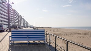 Un paseo marítimo con un banco azul y blanco, una barandilla metálica y una fila de coches estacionados.