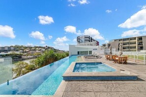 Ein Dachpool mit Infinity-Kante und Blick auf eine Stadtlandschaft, ein Gebäude mit dem Schriftzug 'adani' und Außenmöbel.