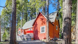 Une cabane rouge avec un porche, entourée de grands arbres.