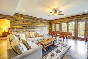 TV, fireplace - Game Room + Deck: Spacious Spruce Pine Retreat! (Spruce Pine)