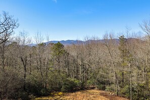 A forested area with a clear sky and distant mountains. - Game Room + Deck: Spacious Spruce Pine Retreat! (Spruce Pine)