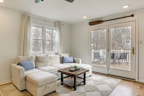 TV, fireplace - Walk to Lake Hopatcong: Vibrant Home w/ Deck! (Hopatcong)