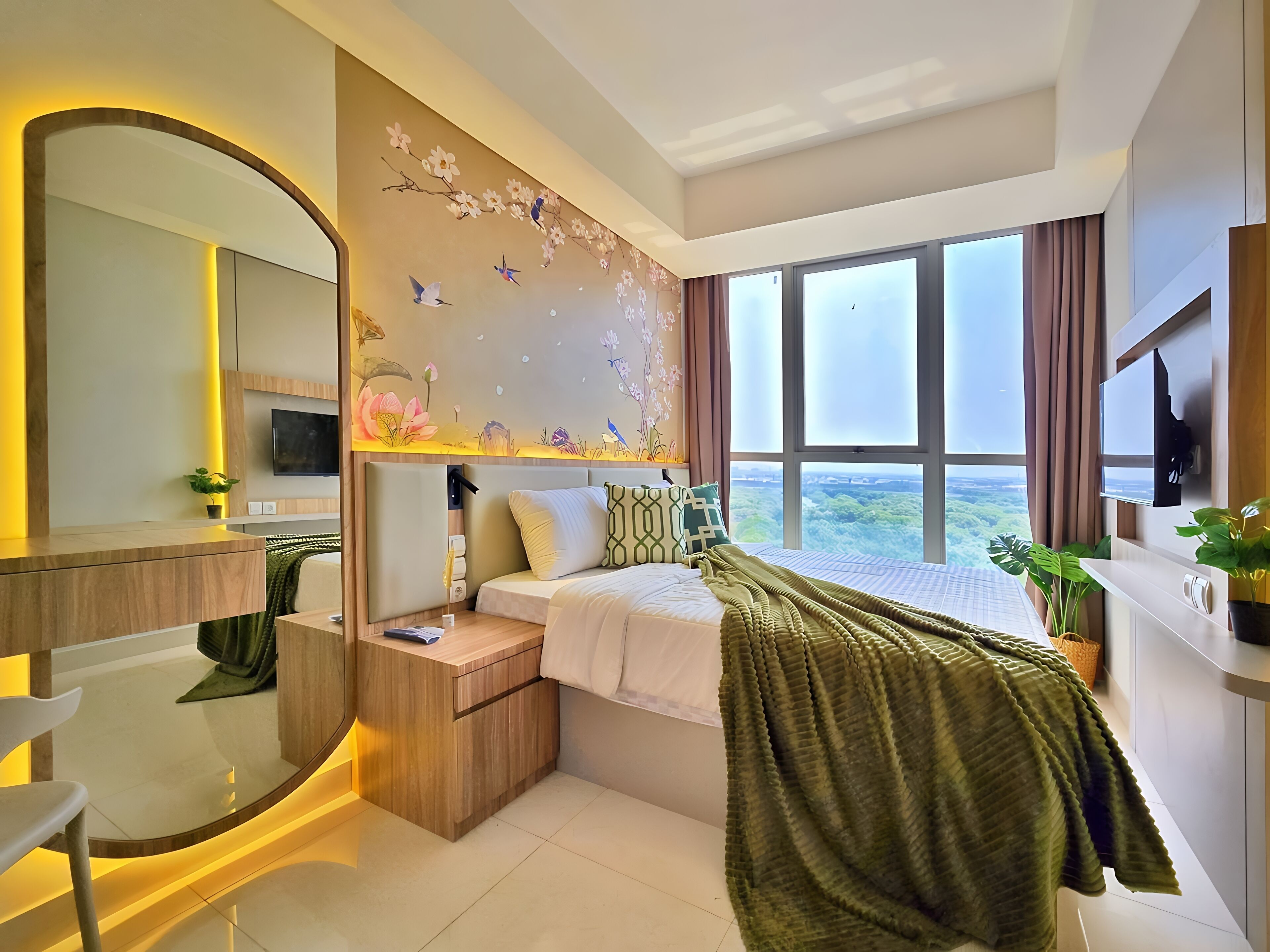 A modern hotel room with a bed, a desk, a chair, a large window with a view, and a decorative wall mural.
