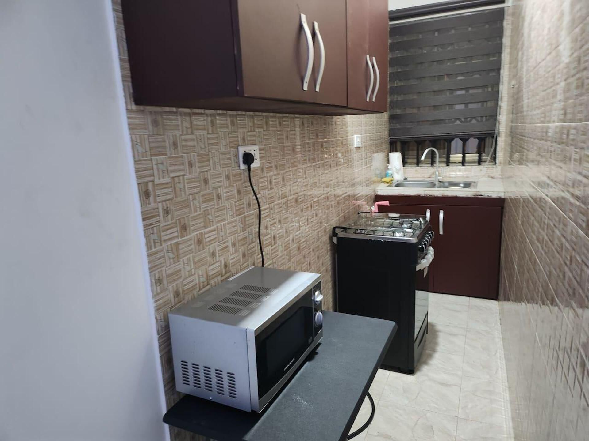 A compact kitchen with a microwave, a small stove, and a sink.