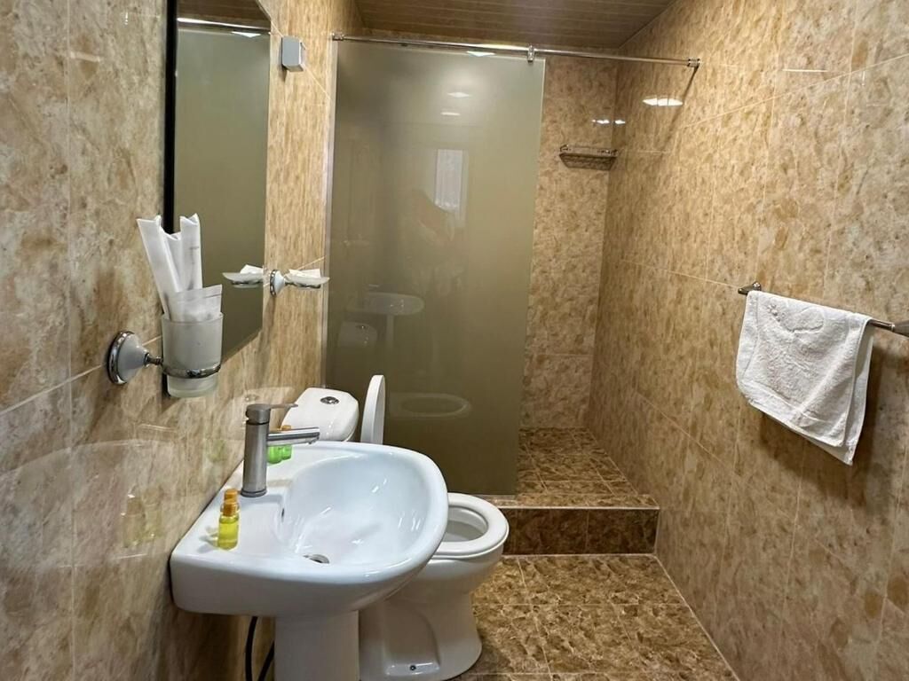 A bathroom with a sink, toilet, and shower.