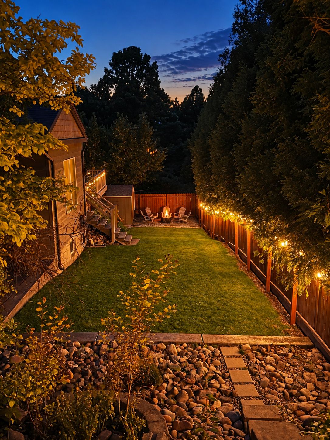 Ein Garten mit einer Holzterrasse, einer kleinen Gartenhütte und einer Feuerstelle.