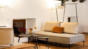 Un salon moderne avec un canapé, deux petites tables, un fauteuil suspendu et une cheminée.