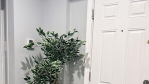 En gang med en hvid dør, hvid væg og en potteplante.