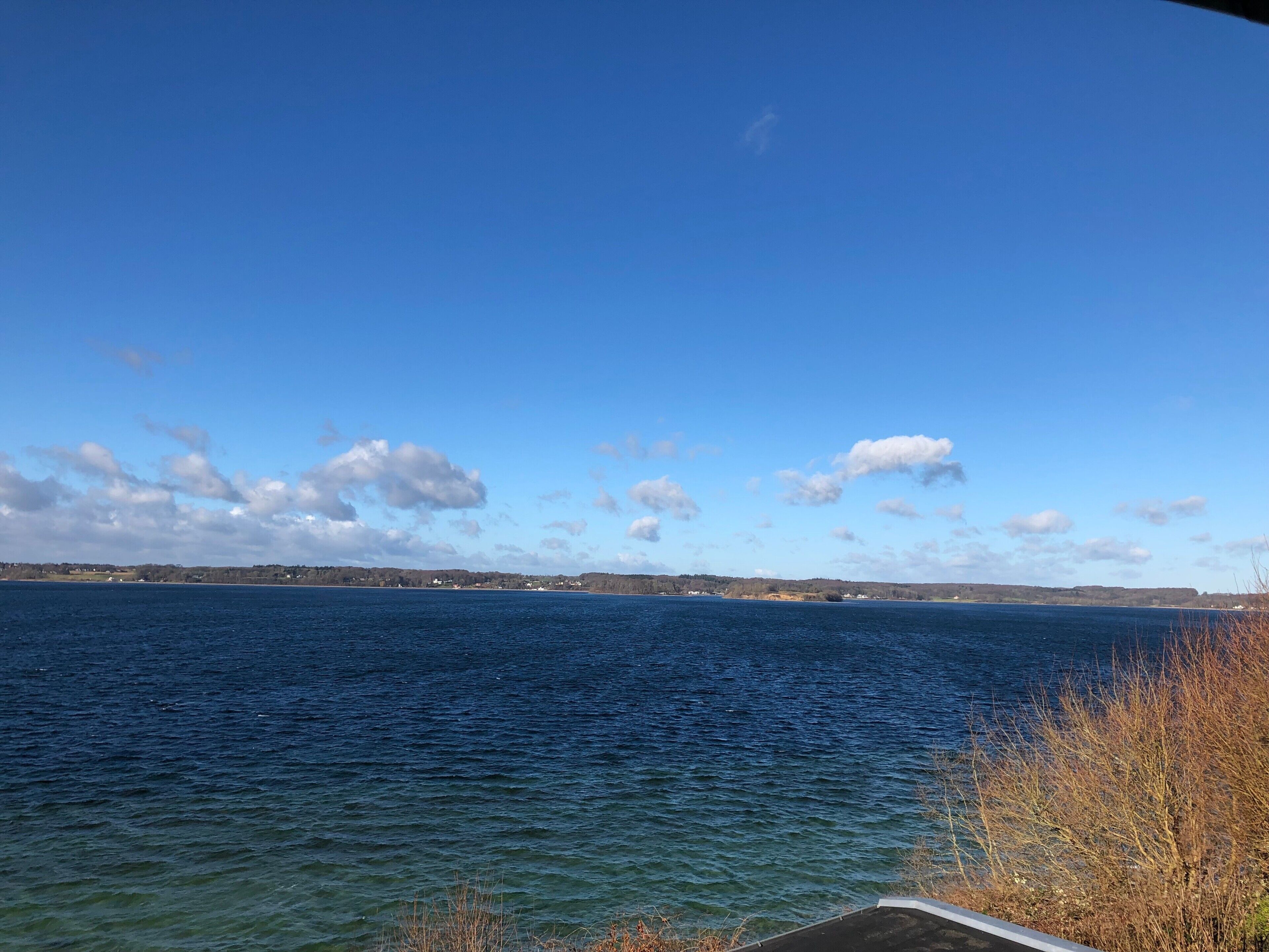 A view of a large body of water with a clear sky and distant land.